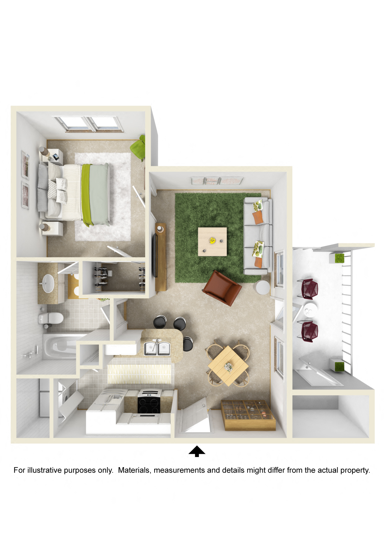 Floor plan for 1 bed, 1 bath, 636 sqft